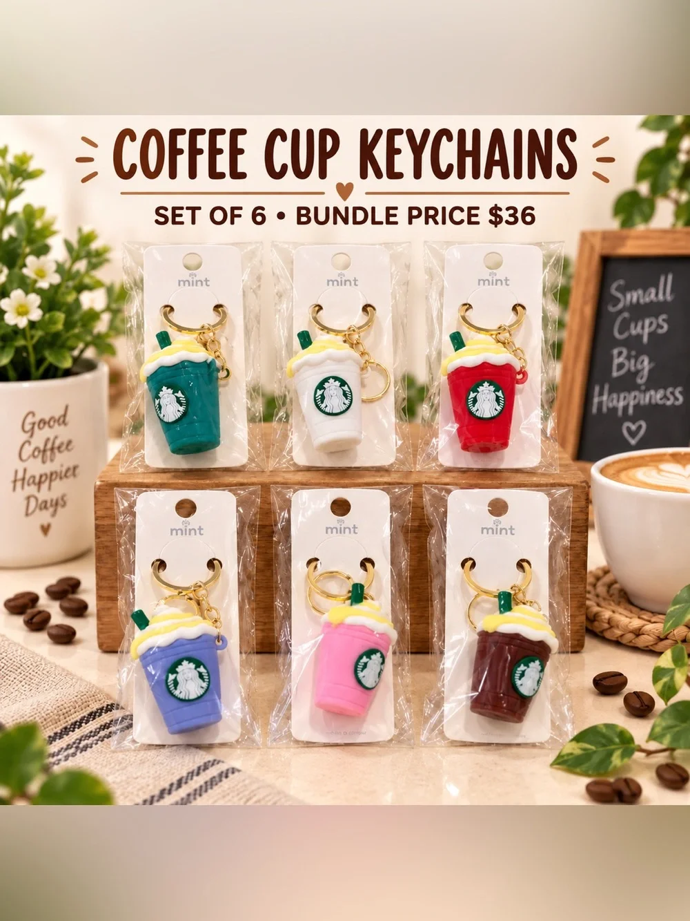 6 Mini Coffee Cup Keychain Bag Charms